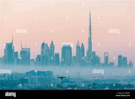 Dubai City Skyline At Morning Fog Stock Photo Alamy