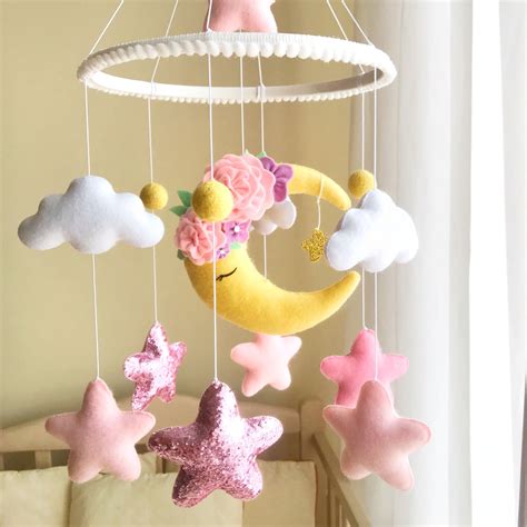 Moon In Flowers Cloud Baby Mobile Girl Mobile Nursery Pink And Yellow