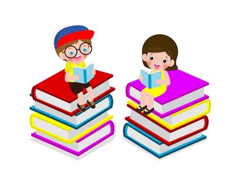 Conjunto De Lindos Niños De La Escuela Pequeños Sentados Y Leyendo Un