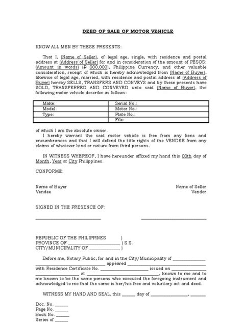 Deed Of Sale Of Motor Vehicle Philippines Word Format Printable Form
