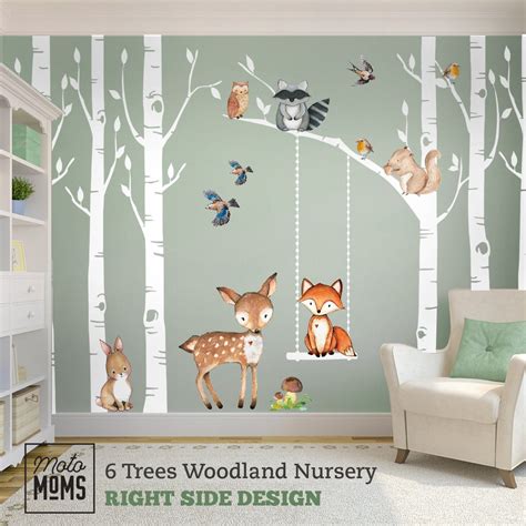 Woodland Nursery Wall Decor 6 Birch Trees Fox And Friends Wall Decal