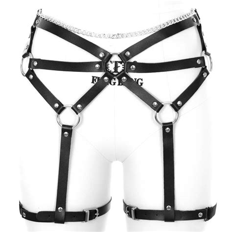 Black Leather Harness Garter Belt Leg Stockings Suspenders Bondage