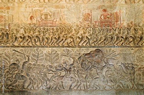 Story Of Khmer People Living On The Stone Wall Carving Inside Of Angkor