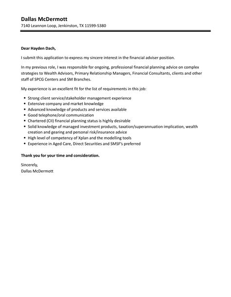 Financial Adviser Cover Letter Velvet Jobs