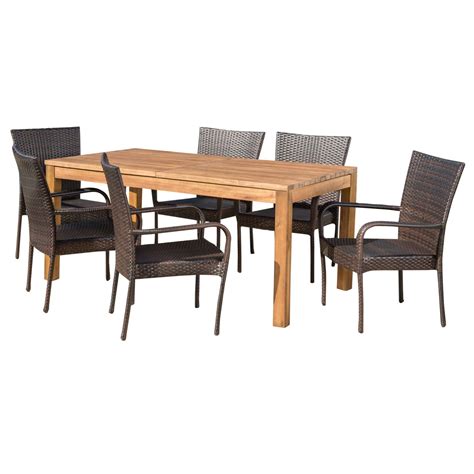 7 Piece Teak Brown Finish Outdoor Furniture Patio Expandable Dining Set