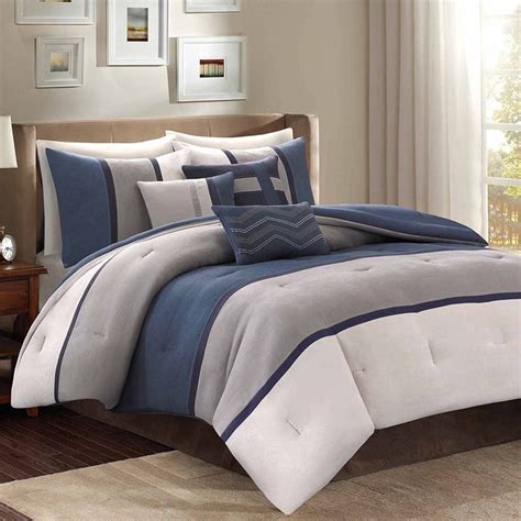Blue Grey Stripes Pattern Comforter King Set High End Luxury Stripe
