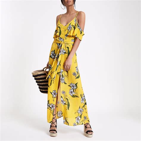 Lyst River Island Yellow Floral Print Cold Shoulder Maxi Dress In Yellow