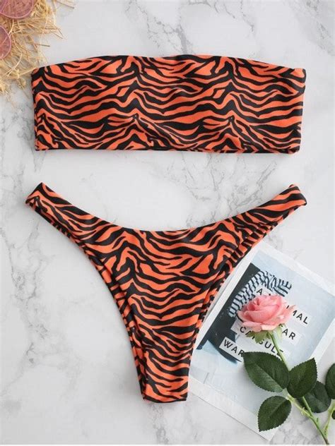 ZAFUL Bandeau Tiger Striped Bikini Set MULTI L Sporty Bikini High