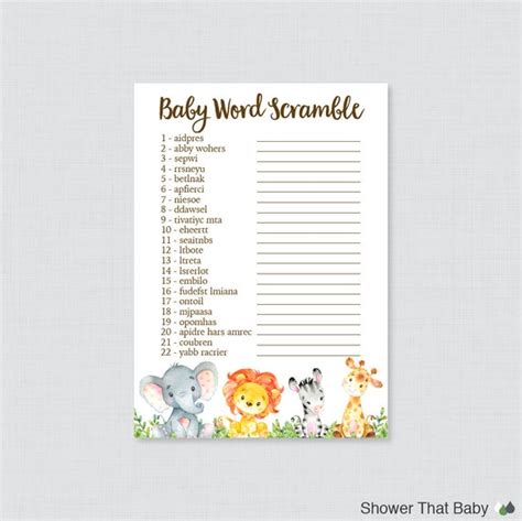 Safari Baby Shower Word Scramble Game Printable Instant Etsy