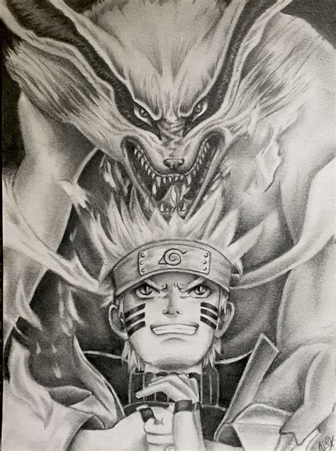 Naruto Uzumaki And Kurama The Nine Tailed Fo In Graphite Pencil