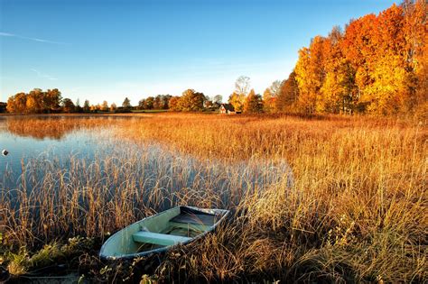 Seasons Autumn Boats Lake Grass Hd Wallpaper Rare Gallery