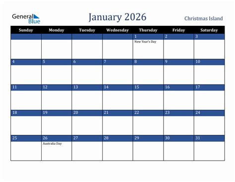 January 2026 Calendar With Christmas Island Holidays