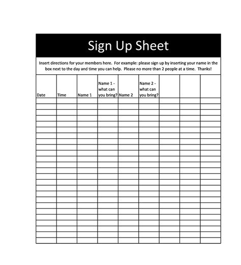 Printable Sign Up Sheet Template Word