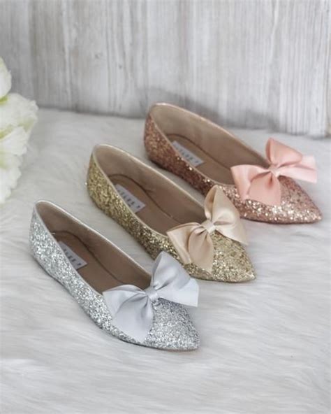 Gold Rock Glitter Pointy Toe Flats With Oversized Satin Bow Pointy