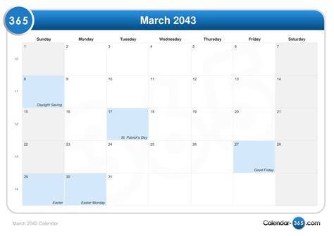 March 2043 Calendar