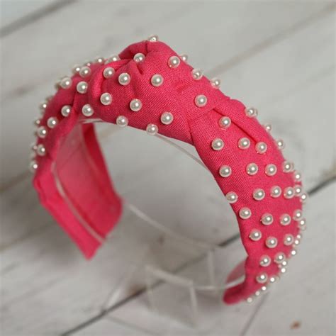 Hot Pink Knotted Headband With Pearls Hot Pink Linen Turban Tie Knotted