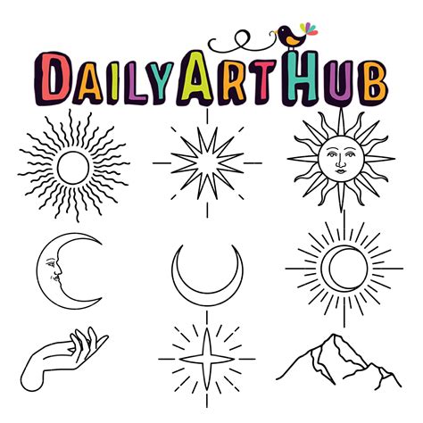 Celestial Sun And Moon Outline Clip Art Set Daily Art Hub Graphics