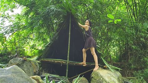 Beautiful Girl Build Bamboo Shelter At Stream Part Complete Shelter