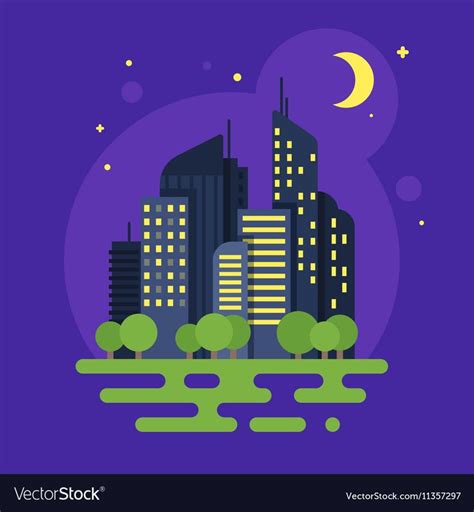 Night Cityscape With Trees And Moon In The Sky Vector Illustration On