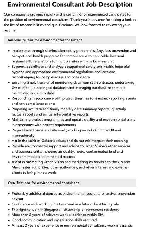 Environmental Consultant Job Description Velvet Jobs