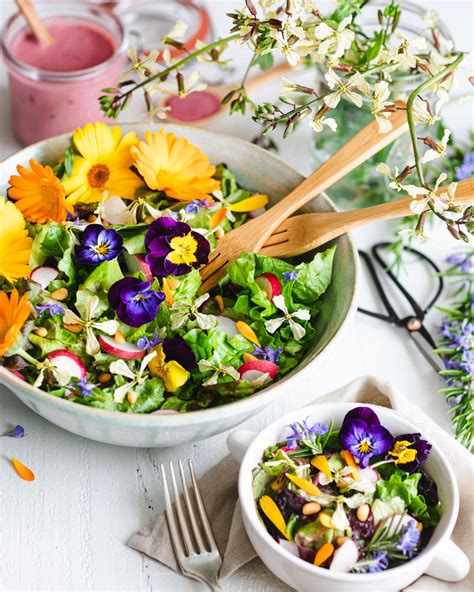 Sisterland Salad With Edible Flowers And Citrus Tahini Dressing