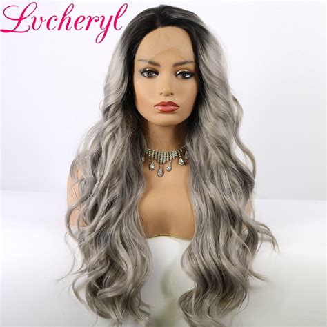 Lvcheryl Ombre Grey Hair Wigs Natural Wave Long Synthetic Lace Front