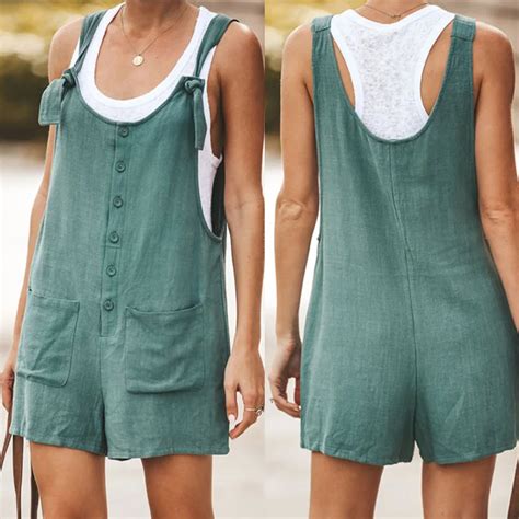 Women Sleeveless Rompers Summer Solid Loose Women Jumpsuit Button Bib
