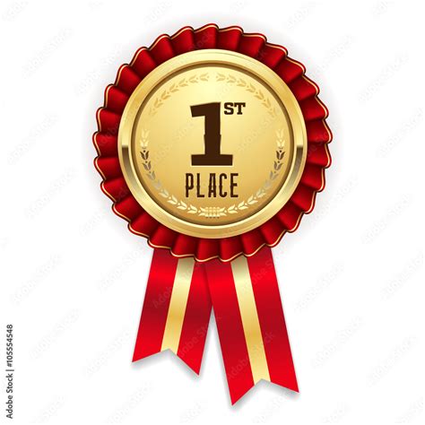 Gold 1st Place Rosette Badge With Red Ribbon On White Background Stock