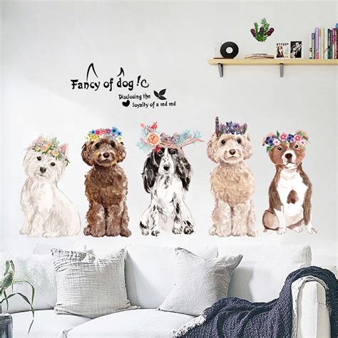 Cartoon Animal Dogs With A Flower Wreath Wall Stickers Fancy Of Doggie