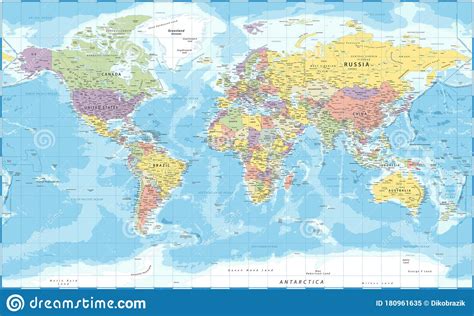 World Map Vintage Political Vector Detailed Illustration Stock Image