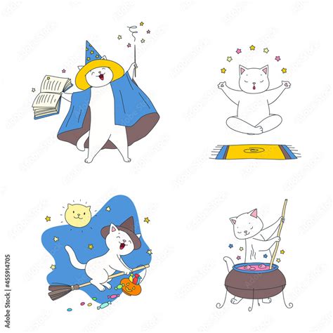 Collection Of Cute Wizard Kitties Illustration Of Funny White Cats