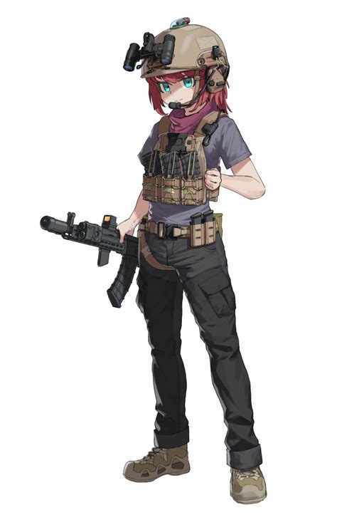 Safebooru 1girl Absurdres Ammunition Pouch Assault Rifle Bandana Blue Eyes Boots Cargo Pants
