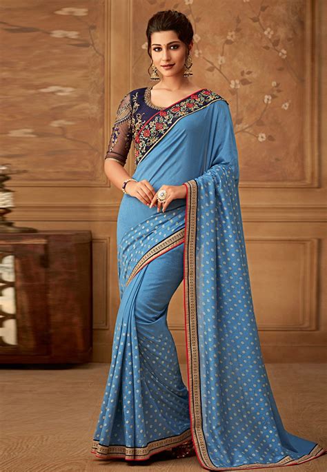 light blue silk embroidered festival wear saree 513 party wear sarees saree designs party