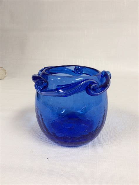 Blenko Glass Hand Blown Sugar Bowl 60e In Persian Blue Crackle