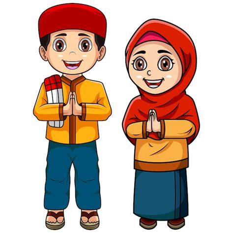 Illustration Du Dessin Animé Denfants Musulmans De Couple Heureux
