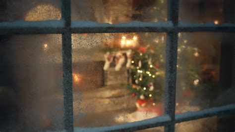 Christmas Tree And Fireplace Scene Through Frozen Window Stock Footage