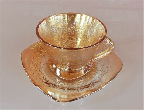 Jeannette Glass Iridescent Floragold Louisa Cup And Saucer Set Cup And Saucer Set Cup And