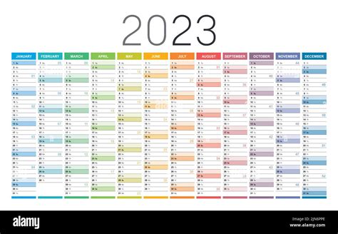 Year 2023 Colorful Wall Calendar With Weeks Numbers On White