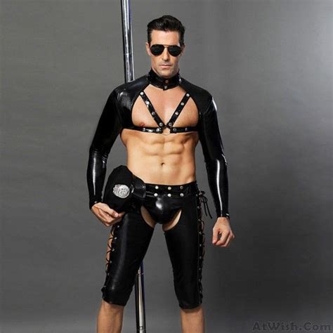 sexy gay bar performance clothing black nightclub temptation leather rivet police uniform