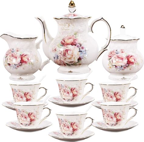 Fanquare 15 Pieces Porcelain English Tea Setfloral Coffee Set For