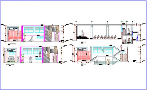 Elevation And Different Axis Section View For Civic Center Dwg File