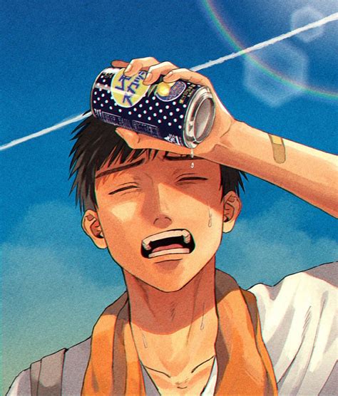 An Anime Character Is Holding A Soda Can In His Hand And Looking At The Sky
