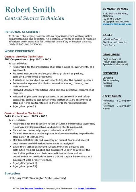 Central Service Technician Resume Samples Qwikresume