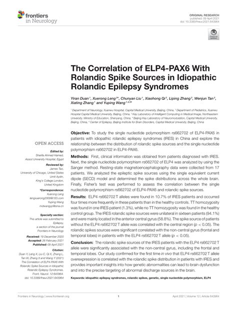Pdf The Correlation Of Elp4 Pax6 With Rolandic Spike Sources In