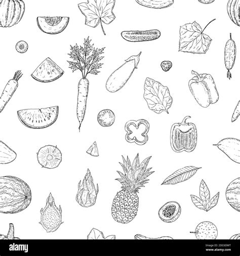 Seamless Pattern Of Fruits And Vegetables Vector Cartoon Background