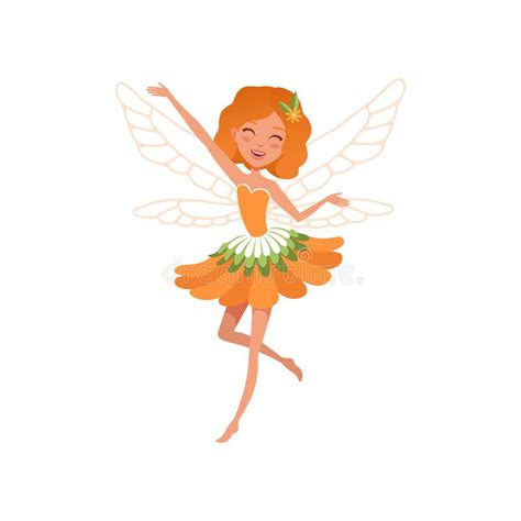 Cheerful Red Haired Fairy With Little Magic Wings Cartoon Girl Wearing