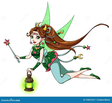 Pretty Cartoon Fairy Holding Lantern And Magic Wand Brown Hair Green