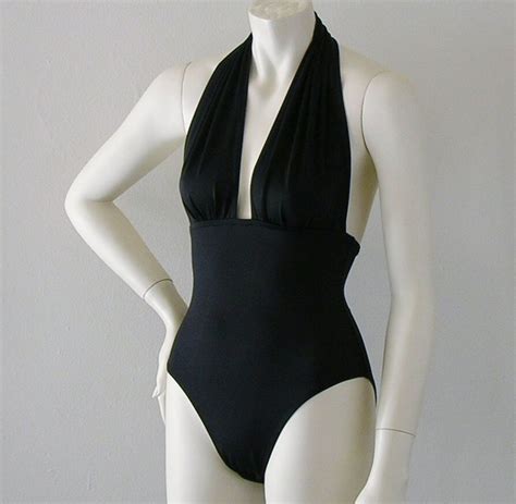 Black Retro Marilyn Halter High Leg One Piece Swimsuit Etsy Halter