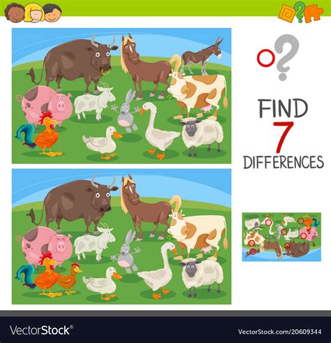 Find Differences Game With Farm Animals Royalty Free Vector