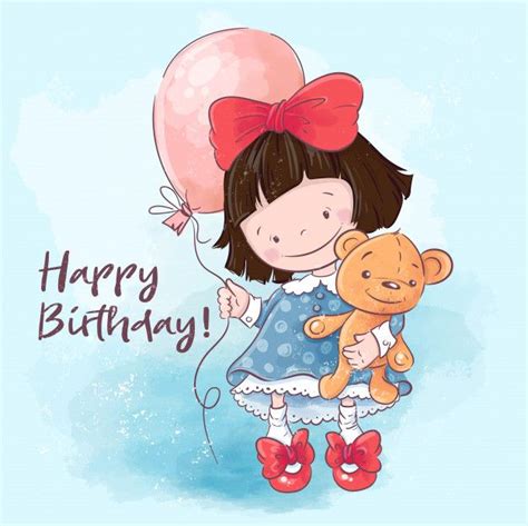 Happy Birthday Greeting Card Illustration Cute Cartoon Girl With A